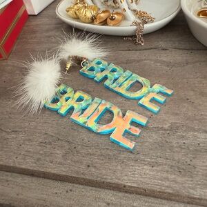 Iridescent Blue Bride Earrings with White Fur